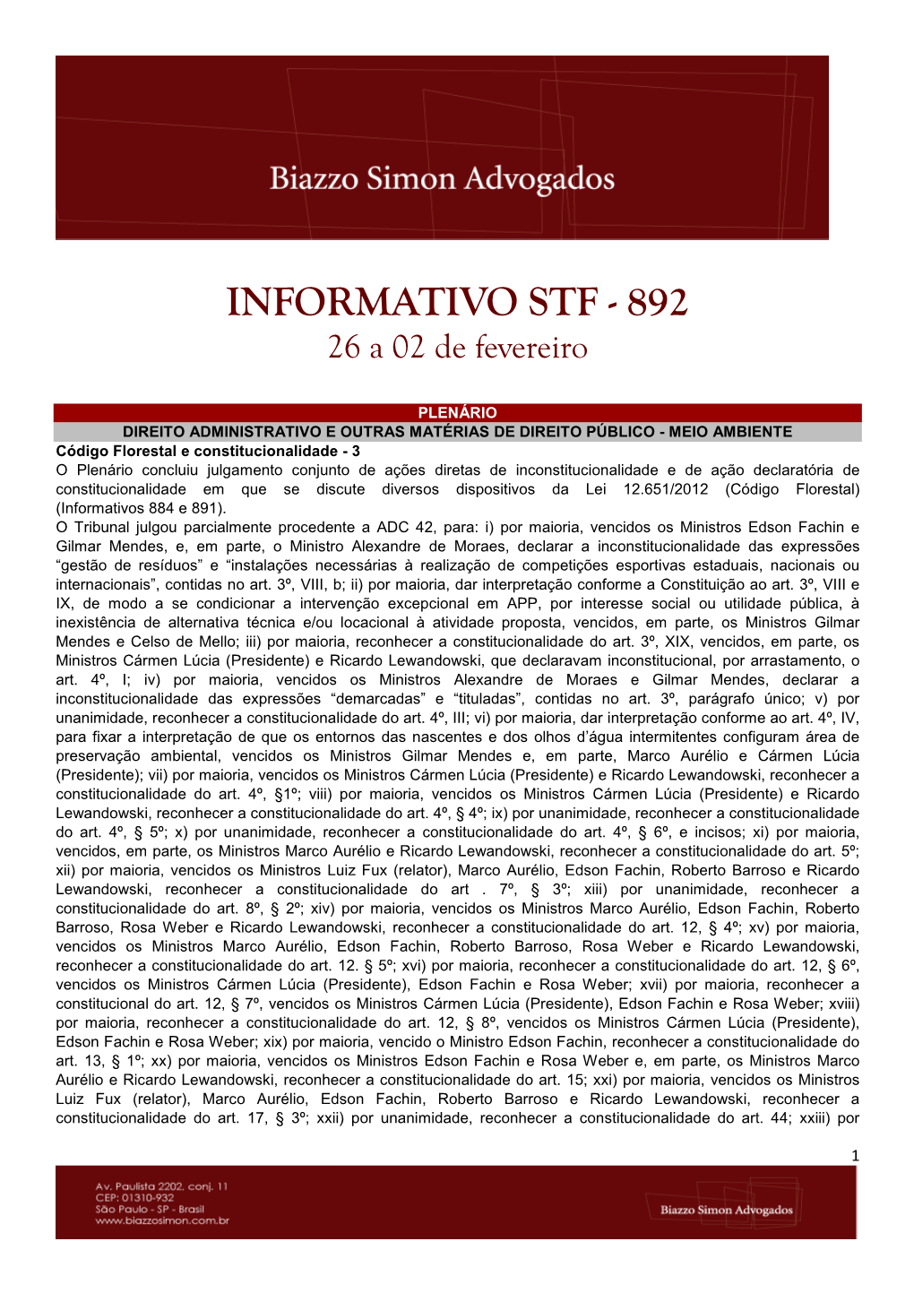 INFORMATIVO STF - 892 26 a 02 De Fevereiro