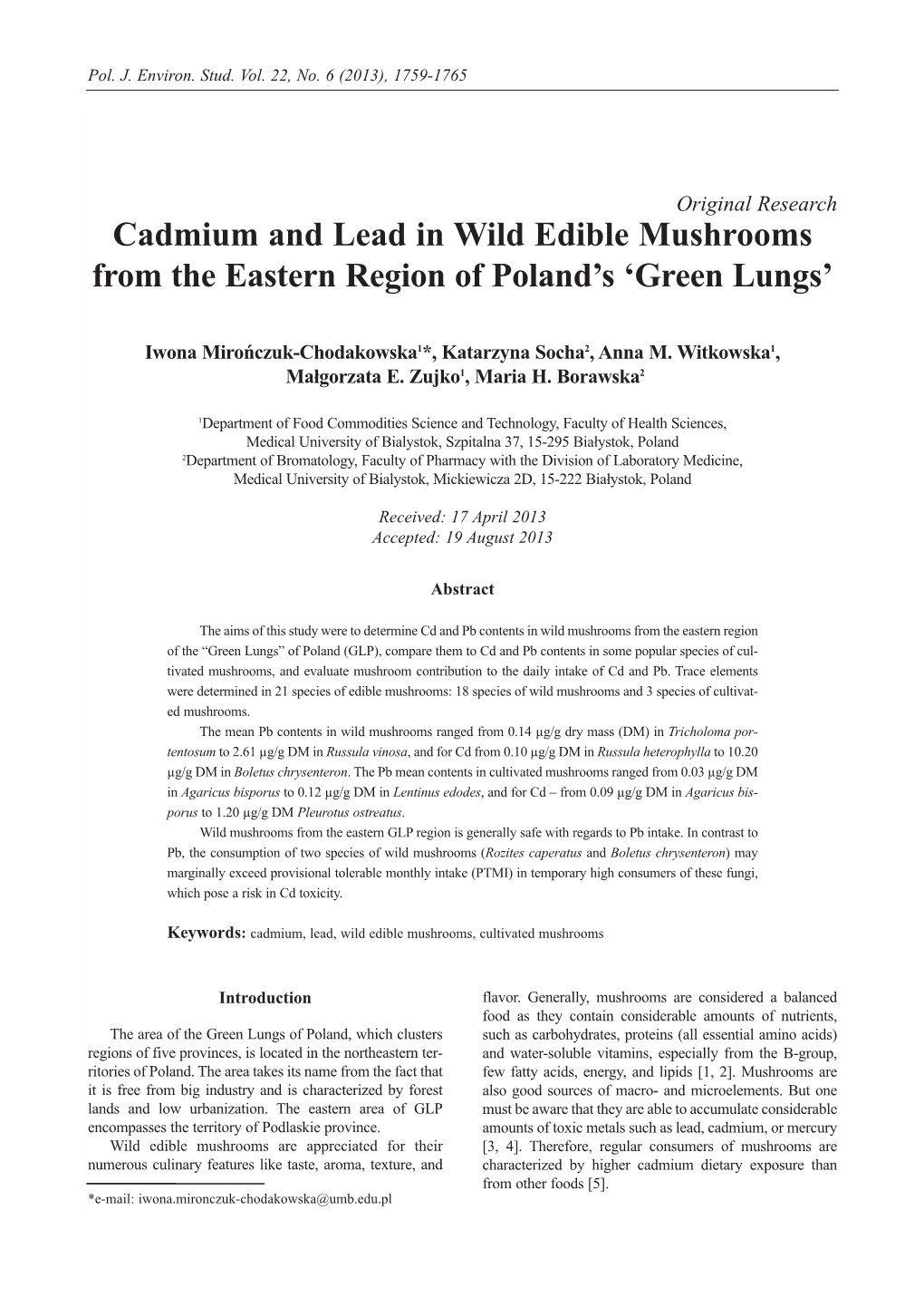 Cadmium and Lead in Wild Edible Mushrooms from the Eastern Region of Poland's