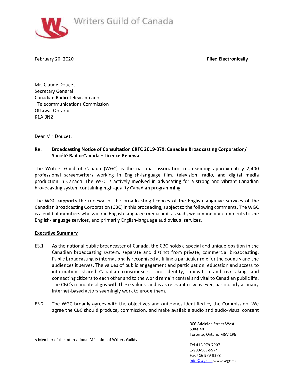 WGC Submission Re: CBC Licence Renewal