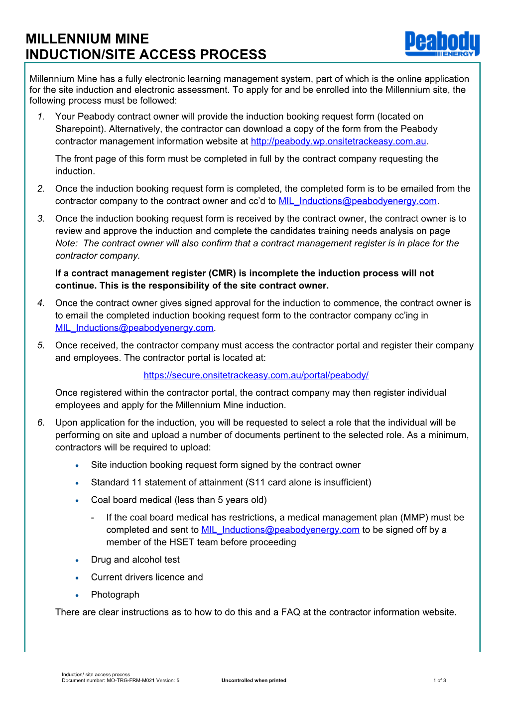 Induction/Site Access Process