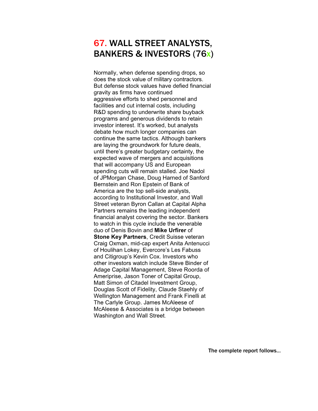 67. WALL STREET ANALYSTS, BANKERS & INVESTORS (76X)