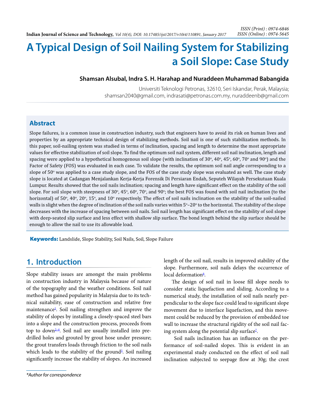 A Typical Design of Soil Nailing System for Stabilizing a Soil Slope: Case Study