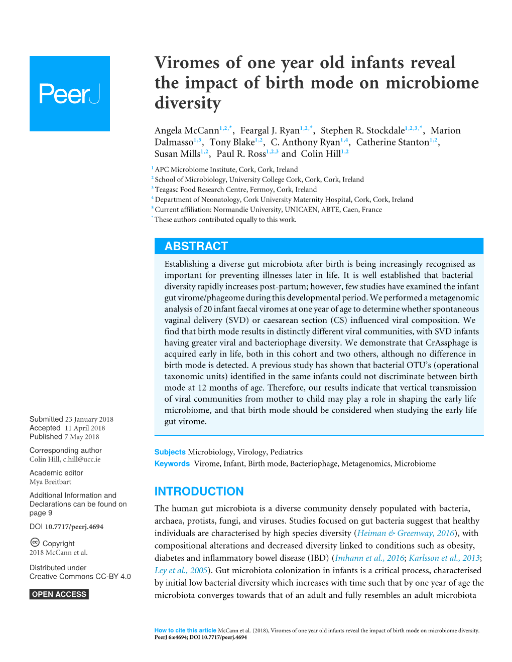 Viromes of One Year Old Infants Reveal the Impact of Birth Mode on Microbiome Diversity