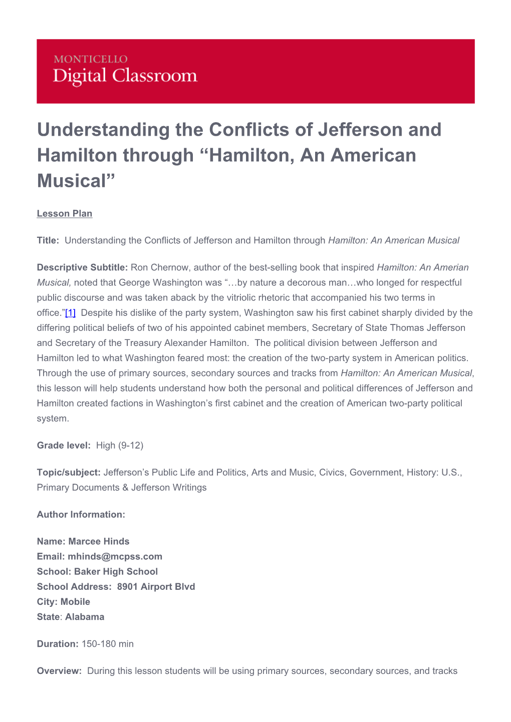 Understanding the Conflicts of Jefferson and Hamilton Through “Hamilton, an American Musical”