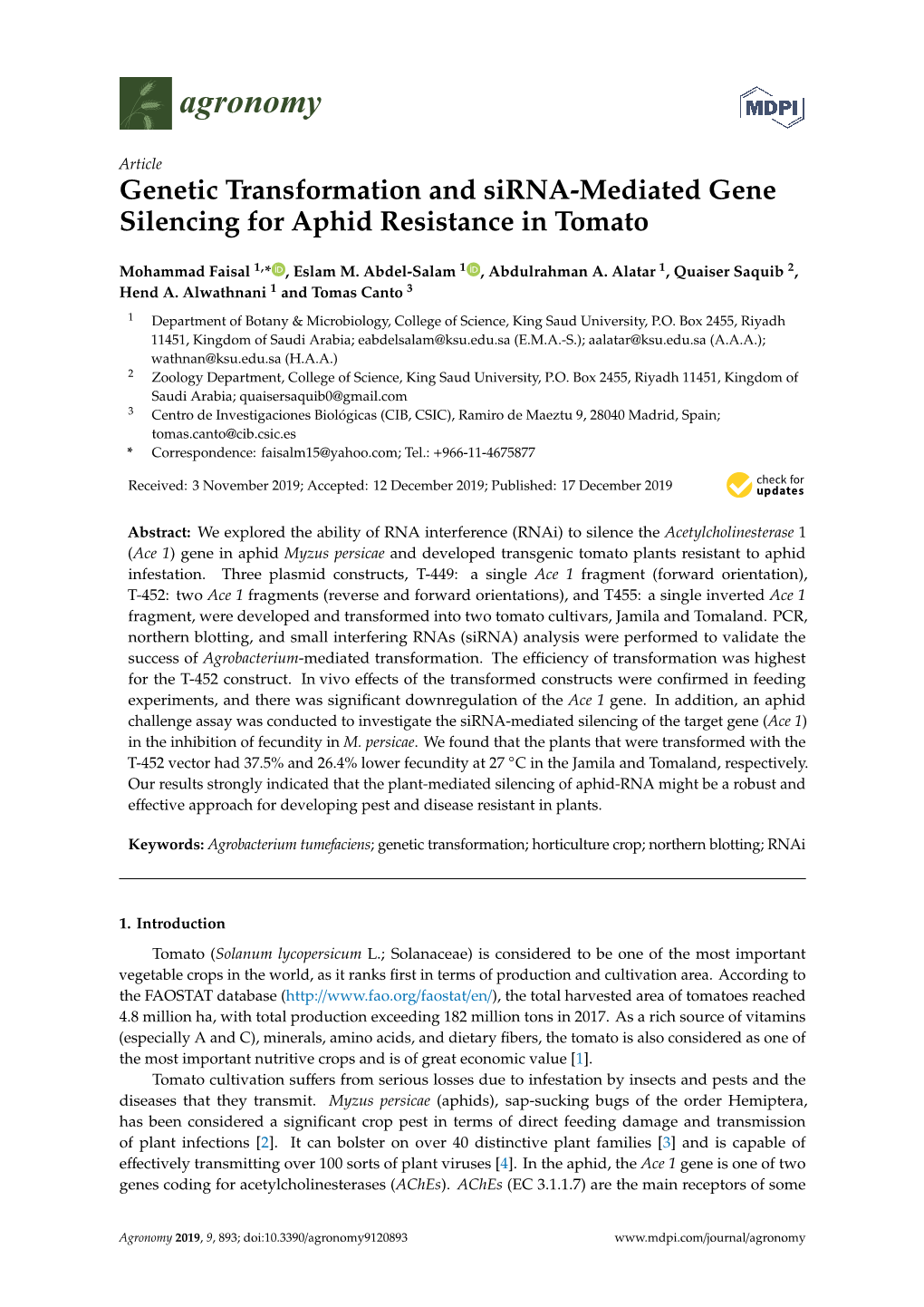 Genetic Transformation and Sirna-Mediated Gene Silencing for Aphid Resistance in Tomato