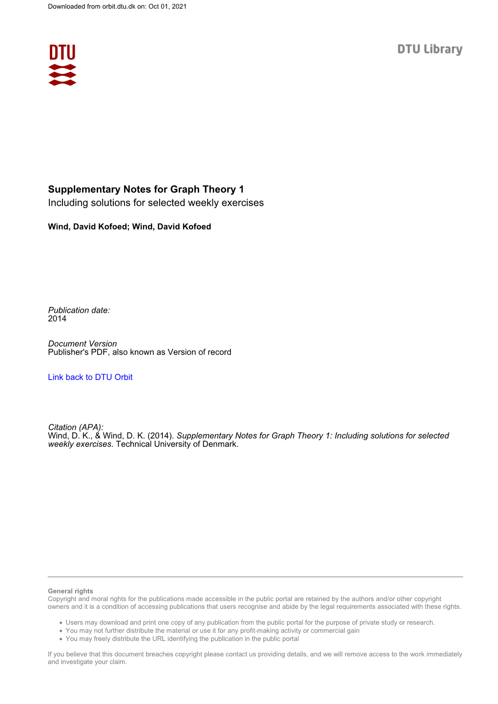 Supplementary Notes for Graph Theory 1 Including Solutions for Selected Weekly Exercises