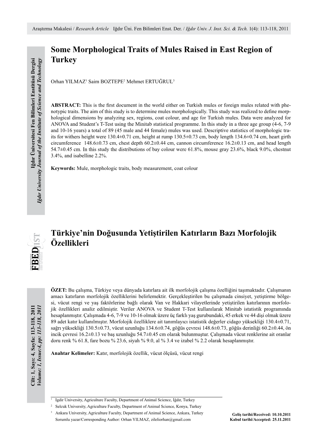 Some Morphological Traits of Mules Raised in East Region of Turkey