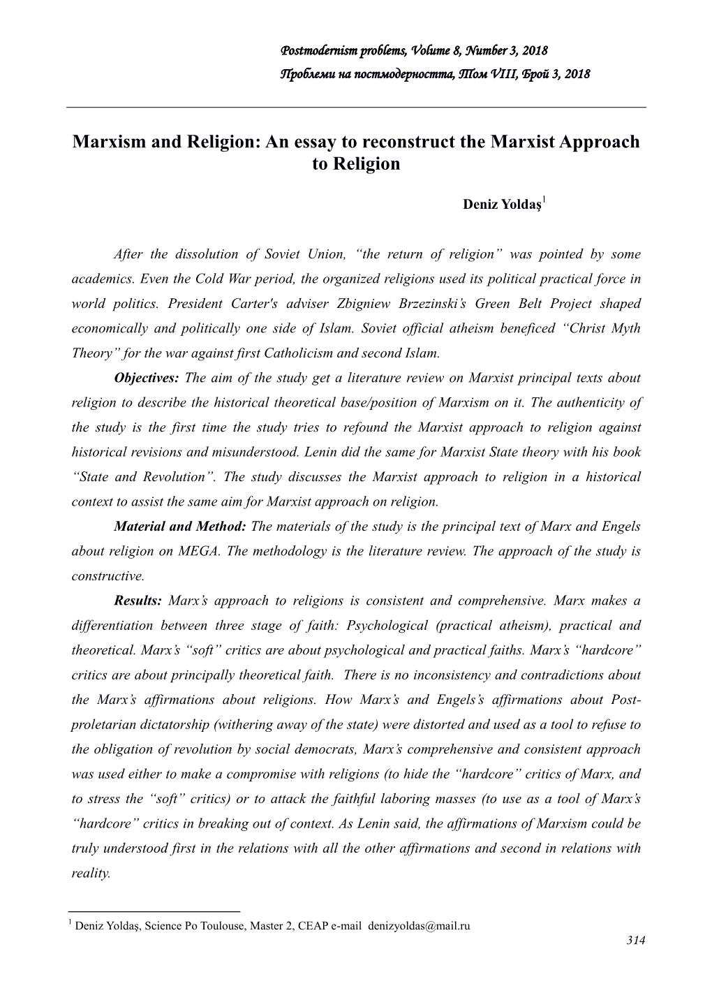 Marxism and Religion: an Essay to Reconstruct the Marxist Approach to Religion