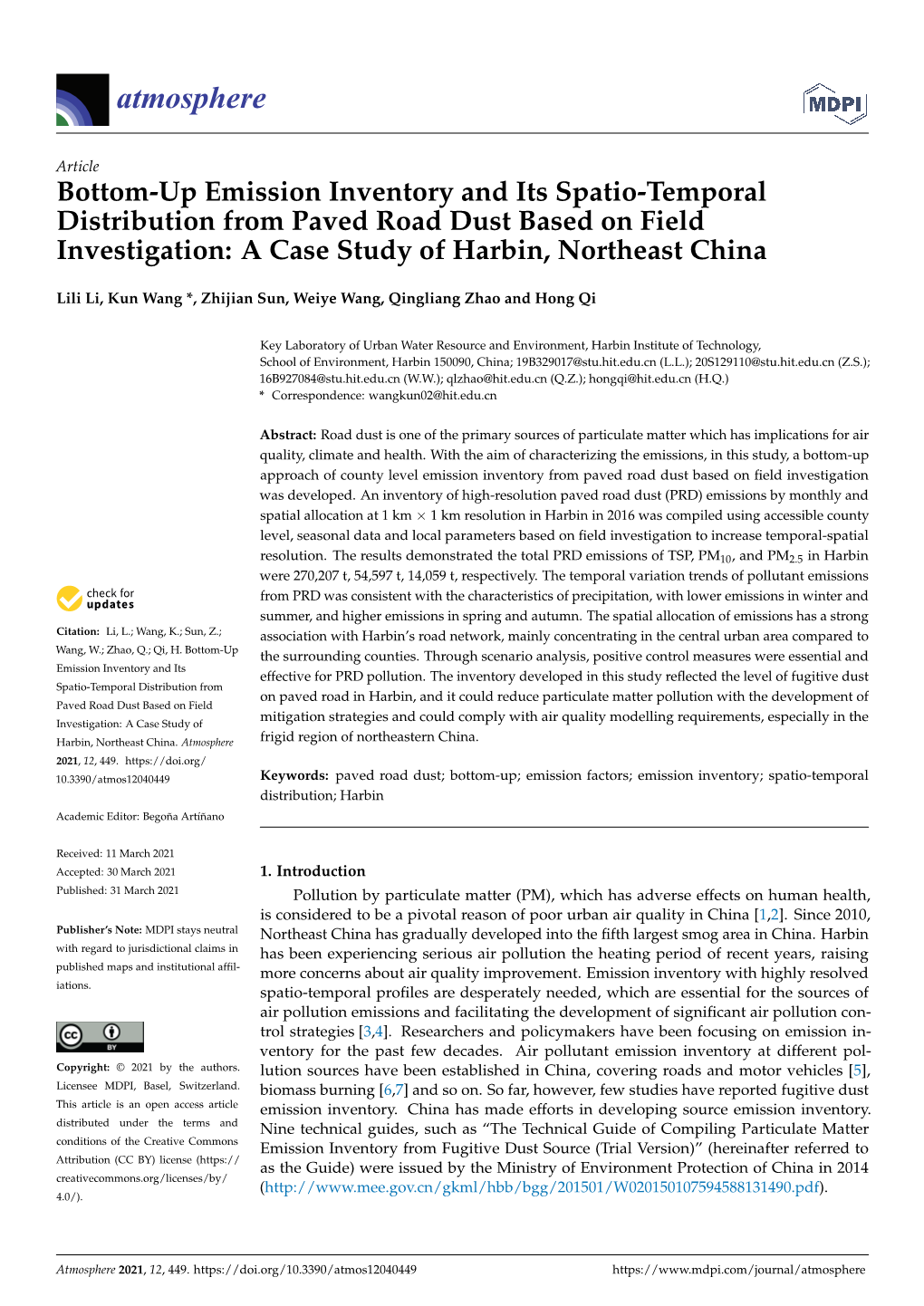 Bottom-Up Emission Inventory and Its Spatio-Temporal Distribution from Paved Road Dust Based on Field Investigation: a Case Study of Harbin, Northeast China