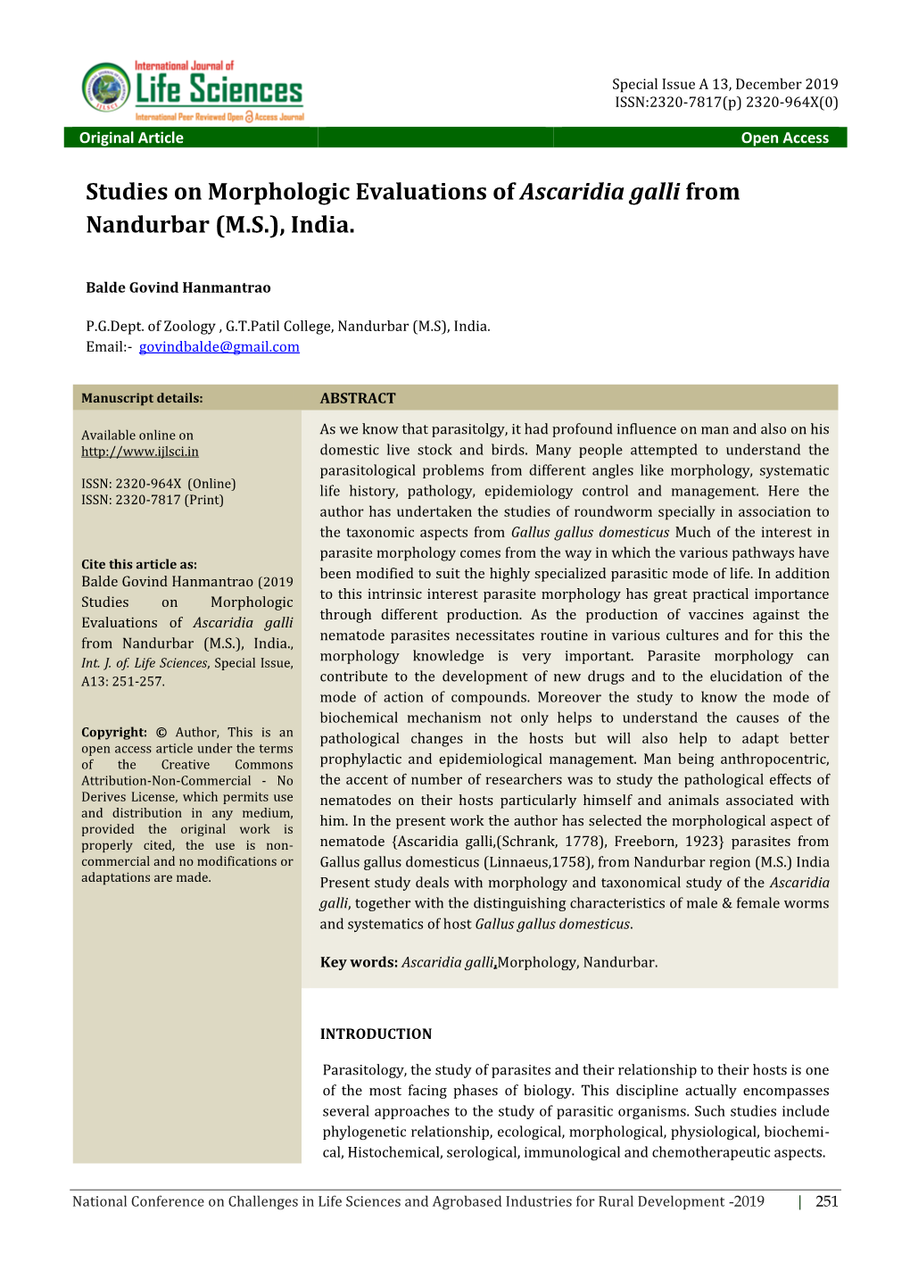 Studies on Morphologic Evaluations of Ascaridia Galli from Nandurbar (M.S.), India