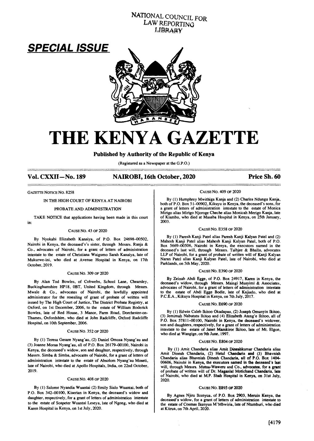 THE KENYA GAZETTE Published by Authority of the Republic of Kenya (Registered As a Newspaper at the G.P.O.) � Vol