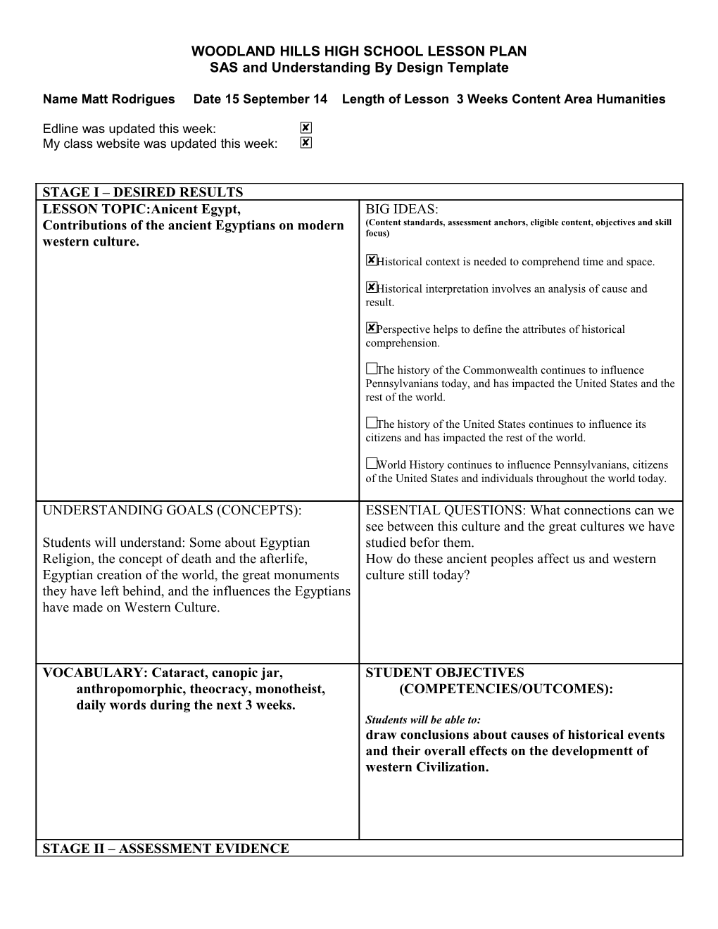 Woodland Hills High School Lesson Plan s9