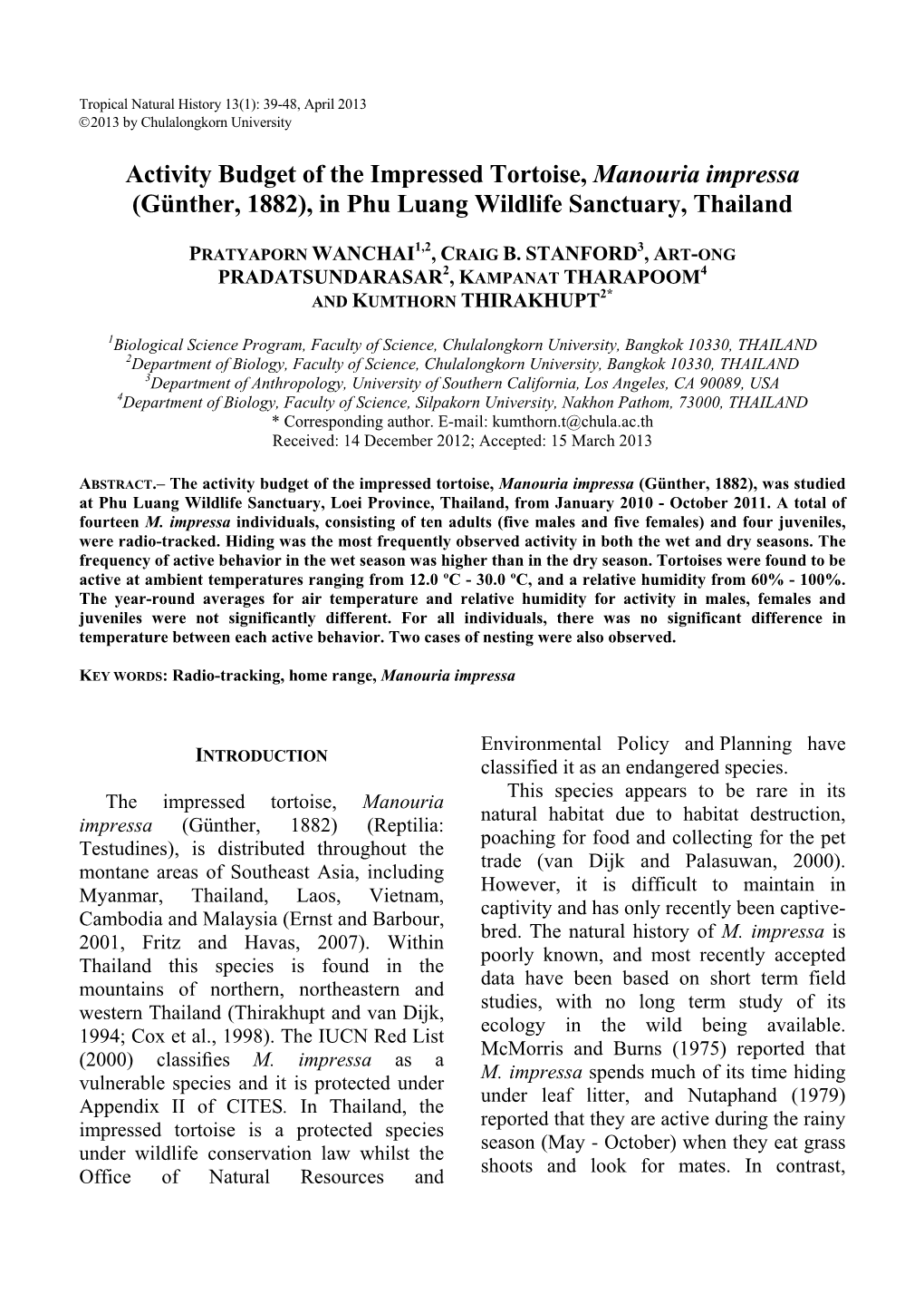 Activity Budget of the Impressed Tortoise, Manouria Impressa (Günther, 1882), in Phu Luang Wildlife Sanctuary, Thailand