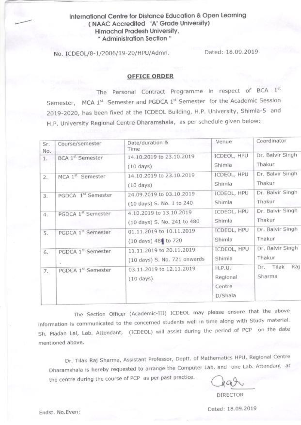 Pcp Schedule for Pgdca I Sem, Bca I Sem, Mca I Sem For