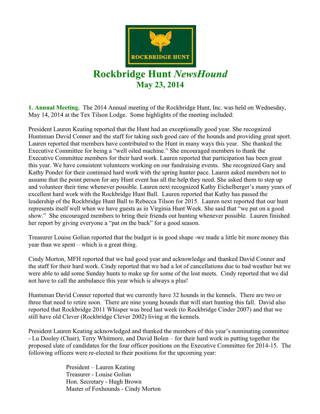 Rockbridge Hunt Newshound May 23, 2014