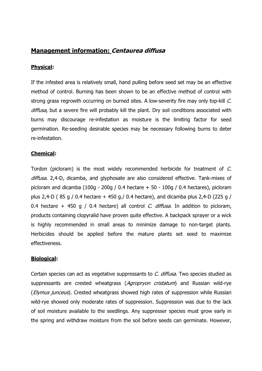 Management Information: Centaurea Diffusa