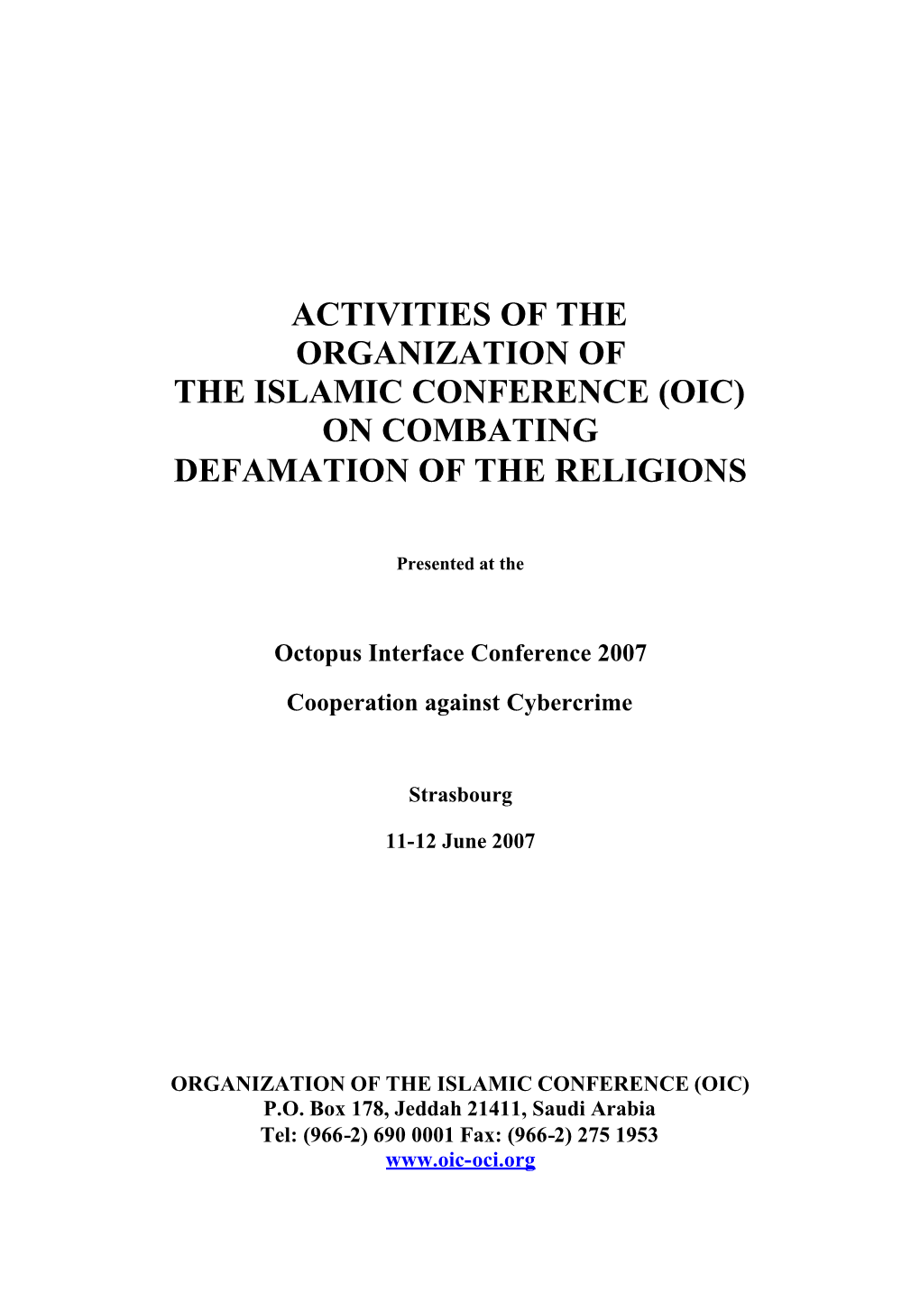 Oic) on Combating Defamation of the Religions