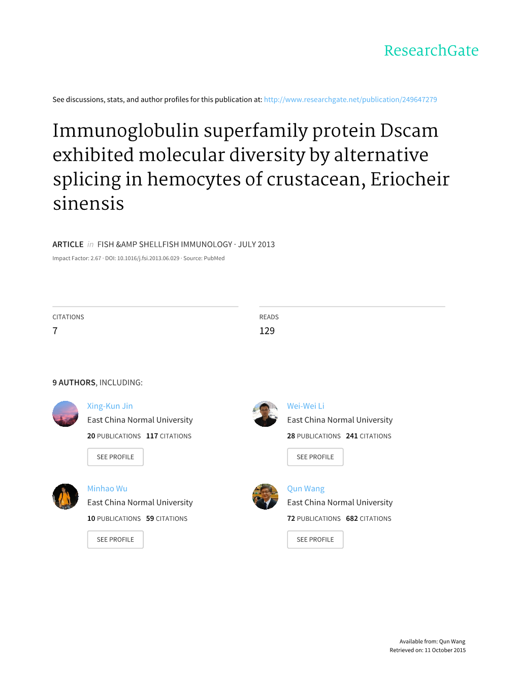 Immunoglobulin Superfamily Protein Dscam Exhibited Molecular Diversity by Alternative Splicing in Hemocytes of Crustacean, Eriocheir Sinensis