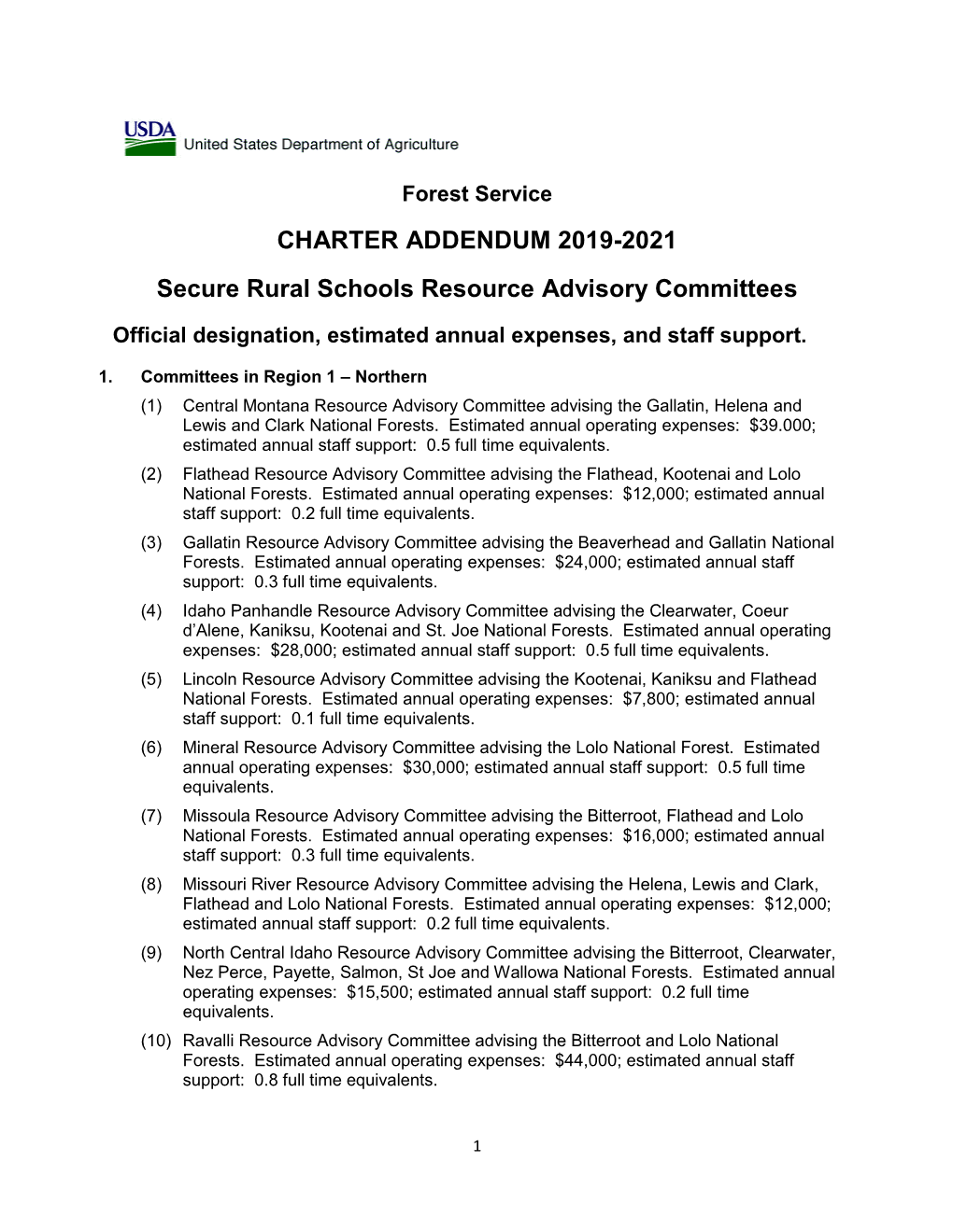 CHARTER ADDENDUM 2019-2021 Secure Rural Schools Resource Advisory Committees