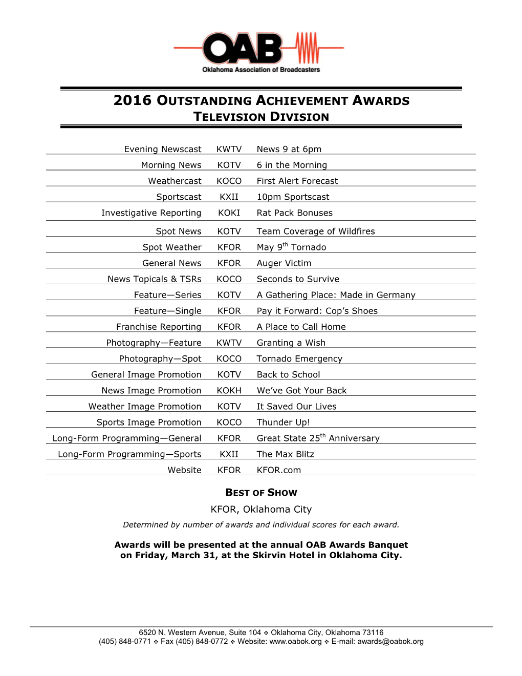 2016 Outstanding Achievement Awards Television Division