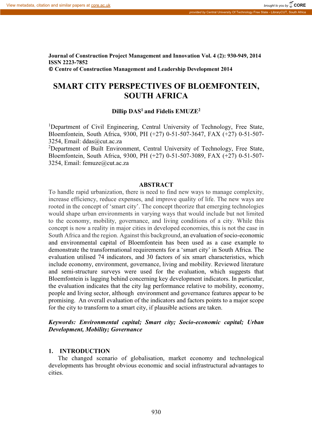 Smart City Perspectives of Bloemfontein, South Africa