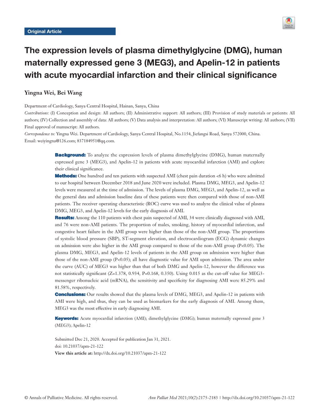 (DMG), Human Maternally Expressed Gene 3 (MEG3), and Apelin-12 in Patients with Acute Myocardial Infarction and Their Clinical Significance