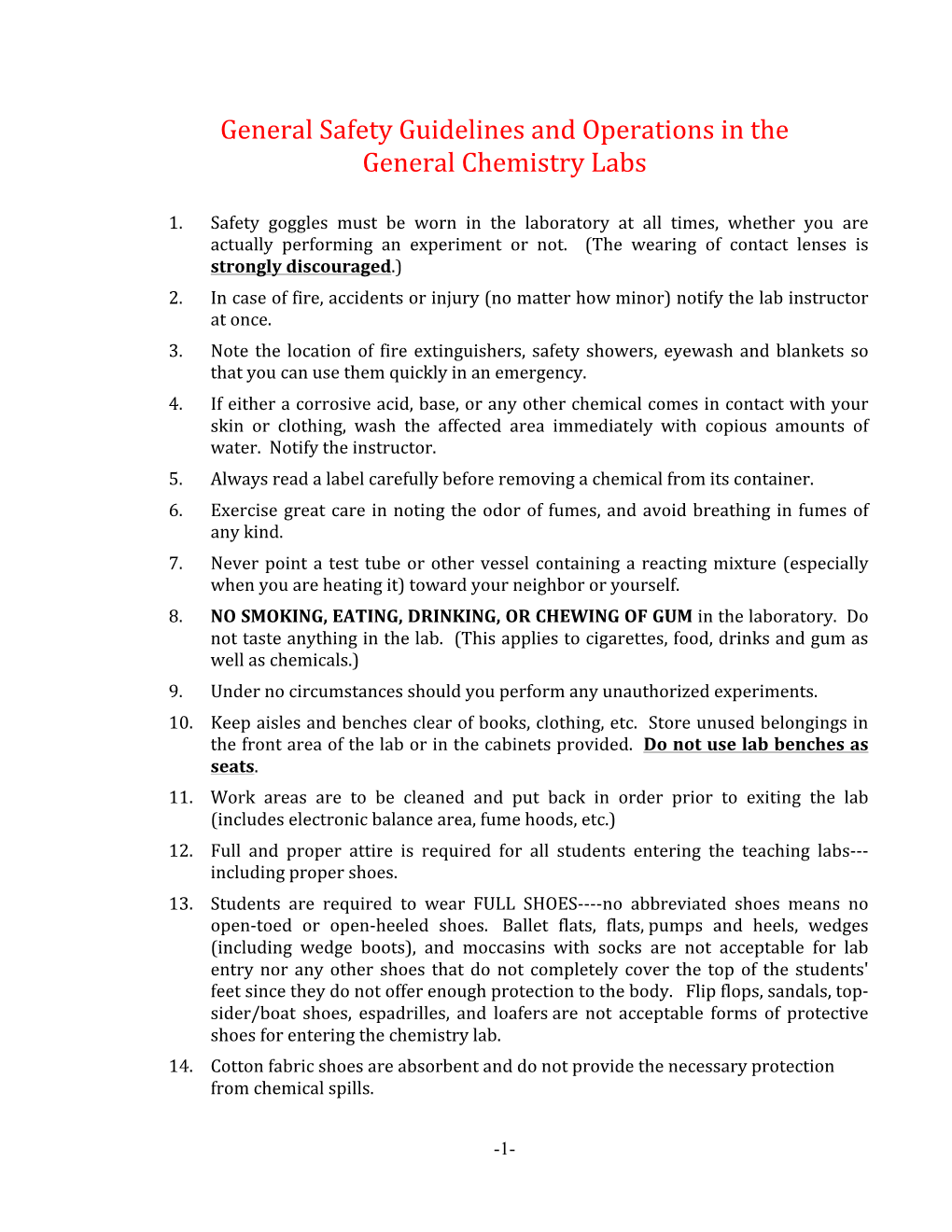 General Safety Guidelines and Operations in the General Chemistry Labs