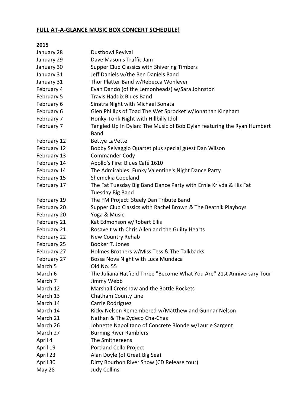 Full At-A-Glance Music Box Concert Schedule!