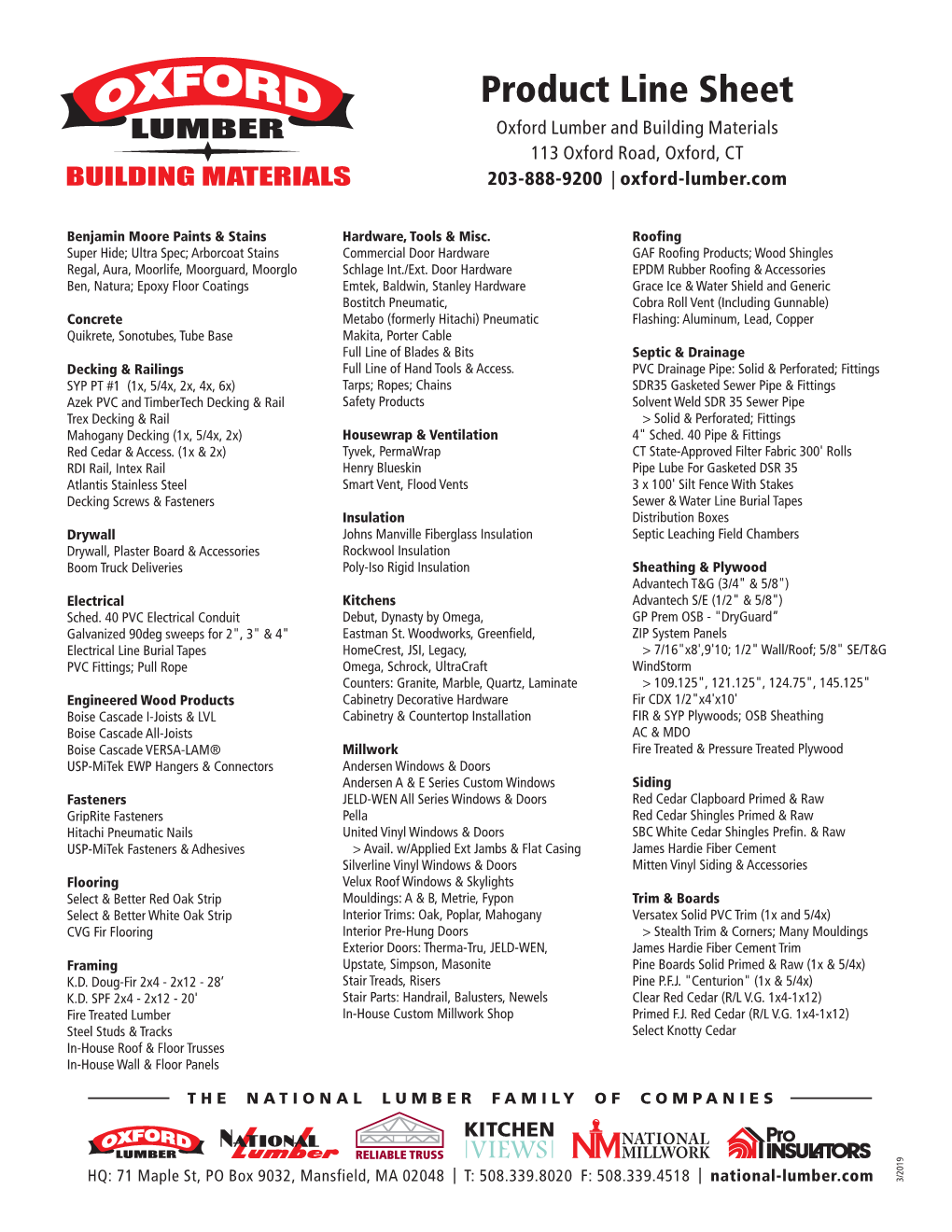 Product Line Sheet Oxford Lumber and Building Materials 113 Oxford Road, Oxford, CT 203-888-9200 | Oxford-Lumber.Com