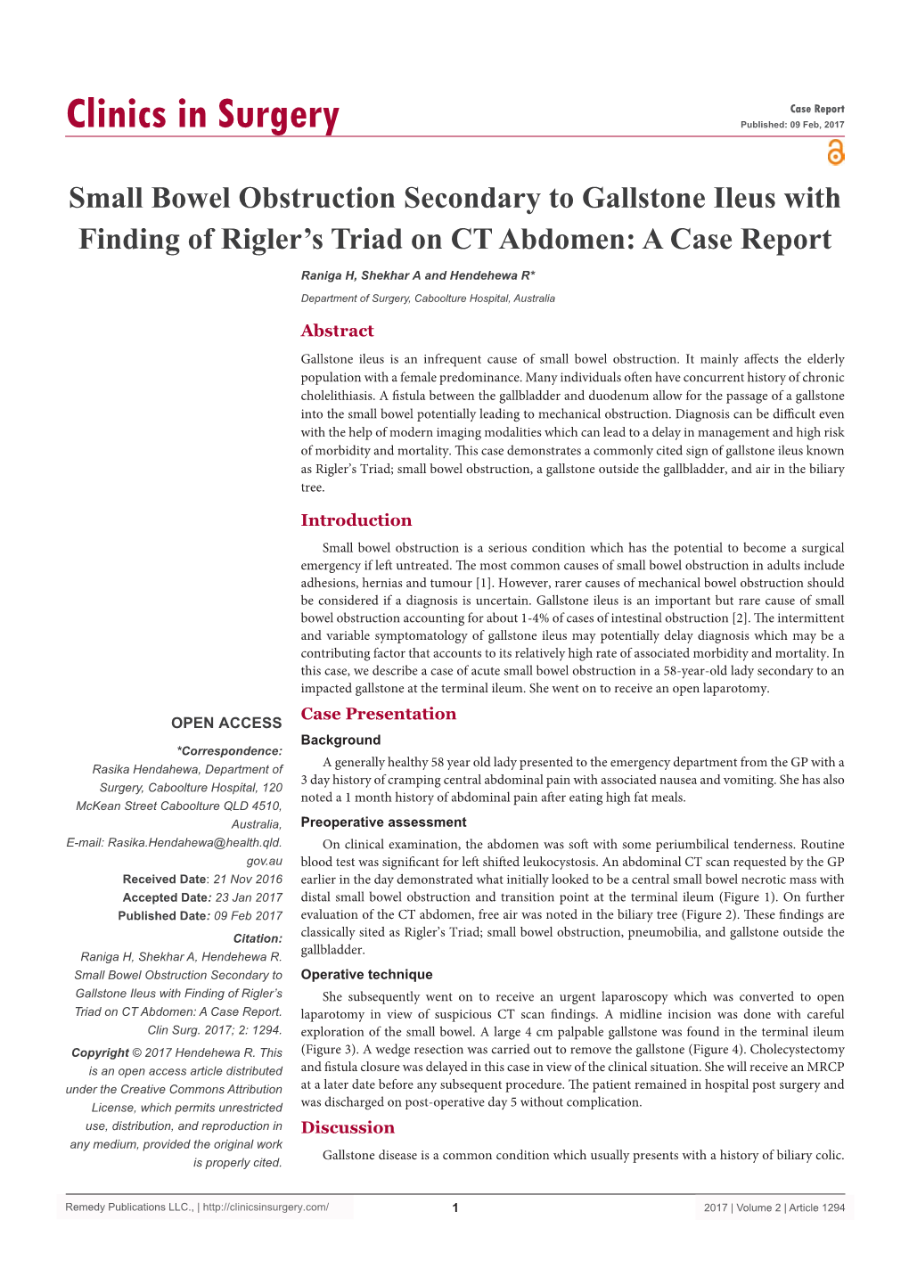 Small Bowel Obstruction Secondary to Gallstone Ileus with Finding of Rigler’S Triad on CT Abdomen: a Case Report