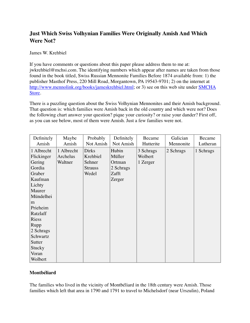 Just Which Swiss Volhynian Families Were Originally Amish and Which Were Not?