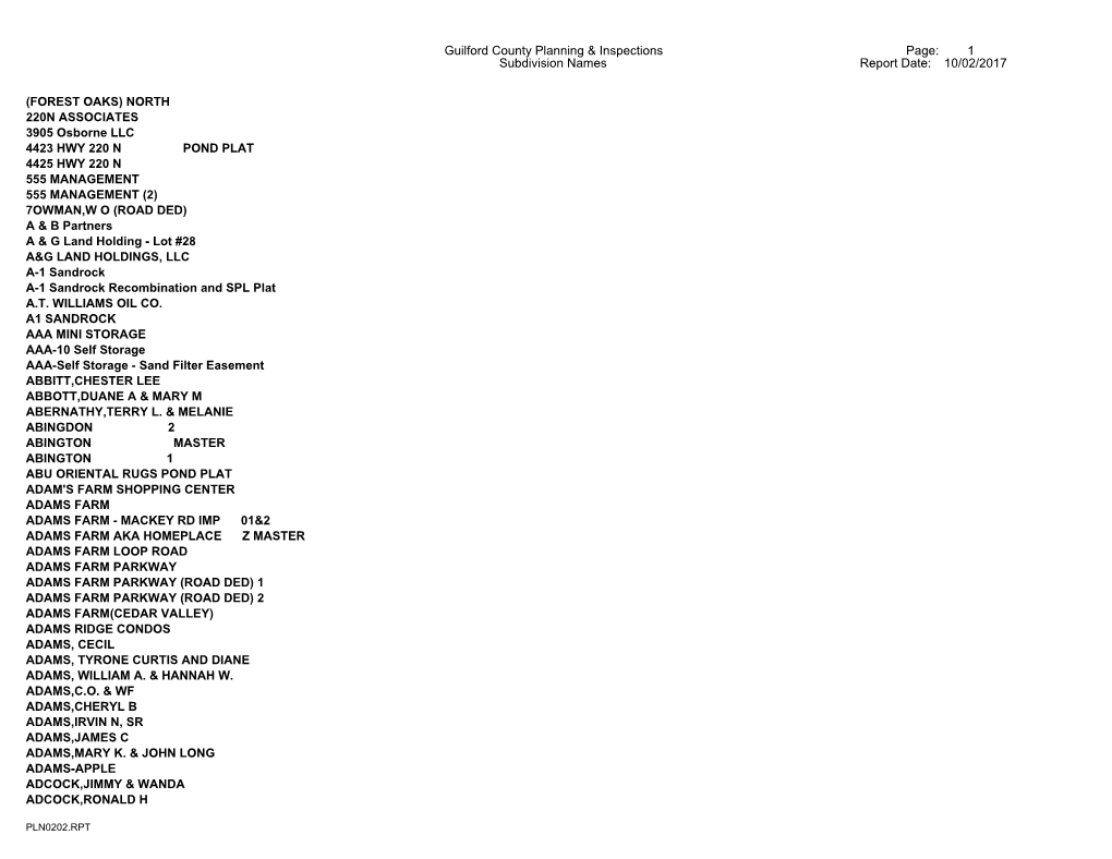 Subdivision Names Guilford County Planning & Inspections Report Date