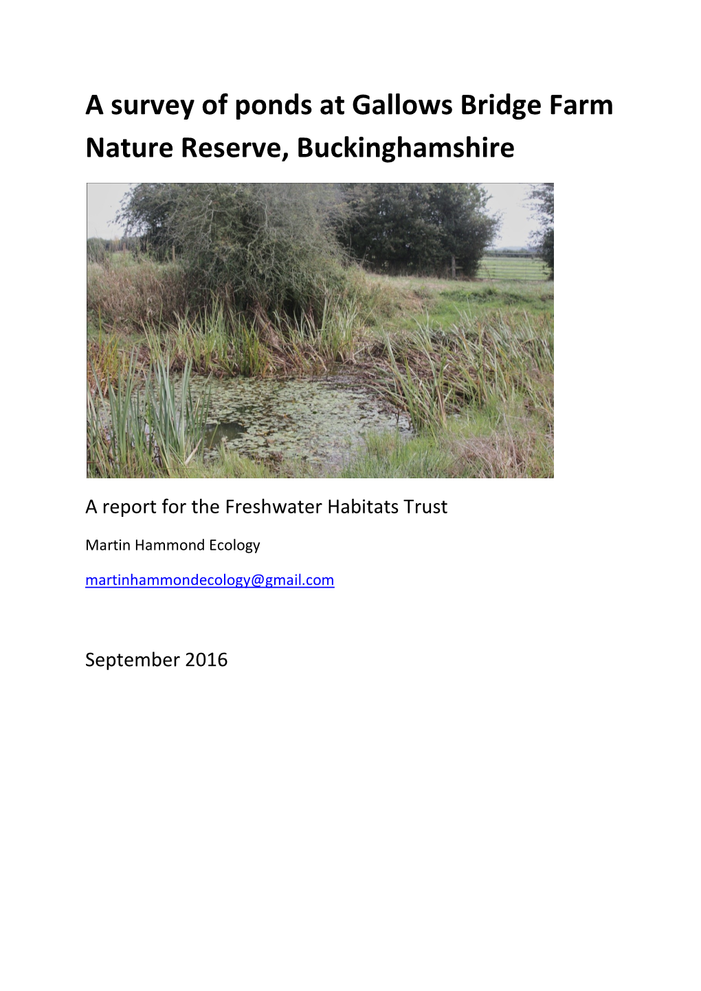 Survey of Ponds at Gallows Bridge Farm Nature Reserve, Buckinghamshire