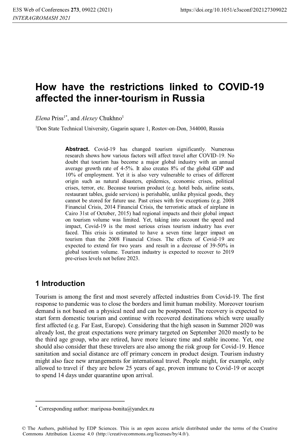 How Have the Restrictions Linked to COVID-19 Affected the Inner-Tourism in Russia