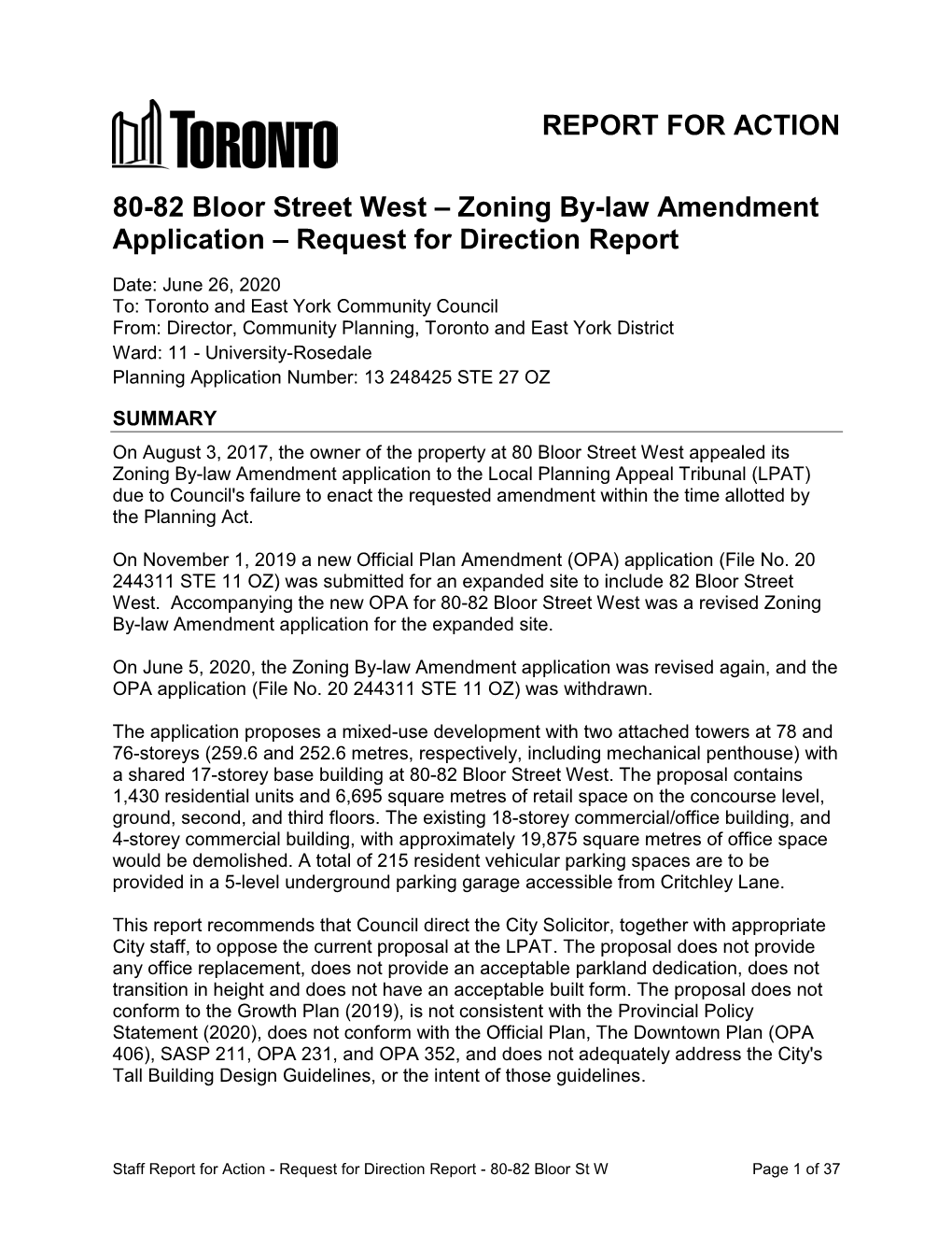 80-82 Bloor Street West – Zoning By-Law Amendment Application – Request for Direction Report