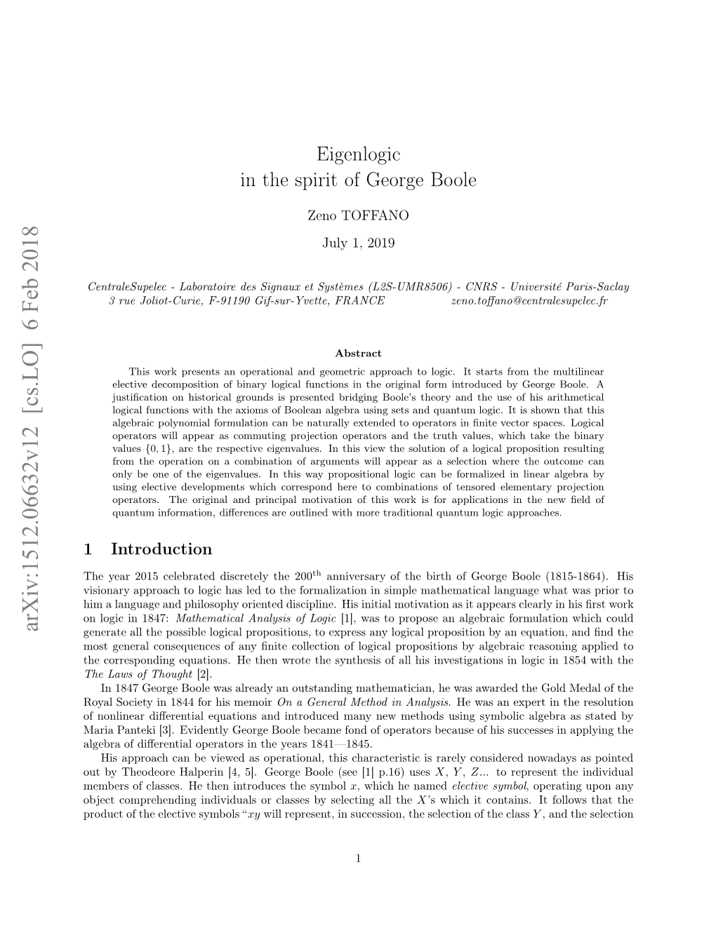 Eigenlogic in the Spirit of George Boole