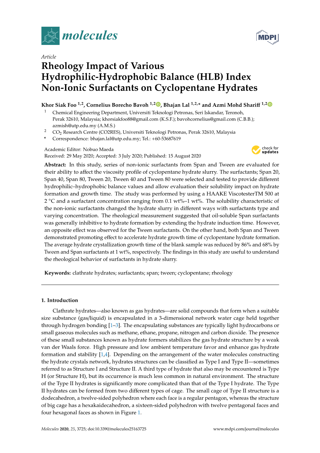 (HLB) Index Non-Ionic Surfactants on Cyclopentane Hydrates