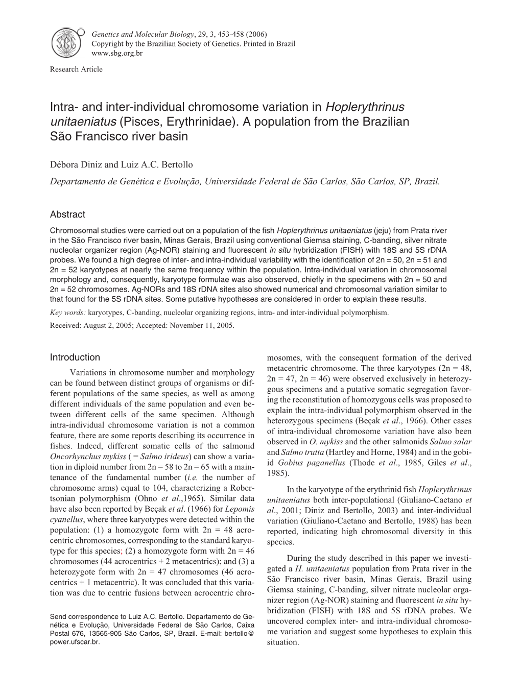 And Inter-Individual Chromosome Variation in Hoplerythrinus Unitaeniatus (Pisces, Erythrinidae)