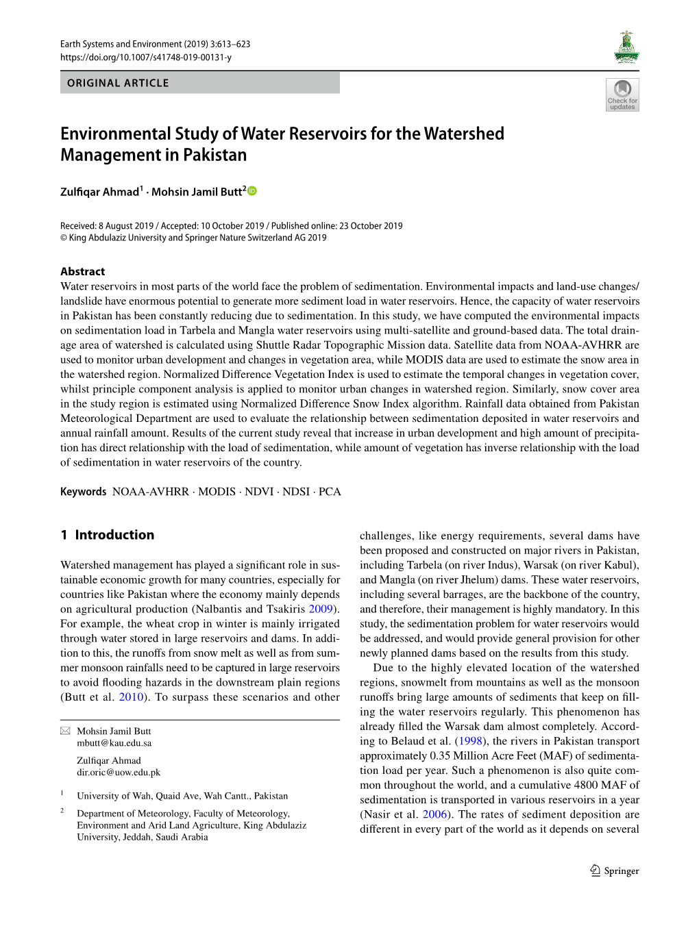 Environmental Study of Water Reservoirs for the Watershed Management in Pakistan