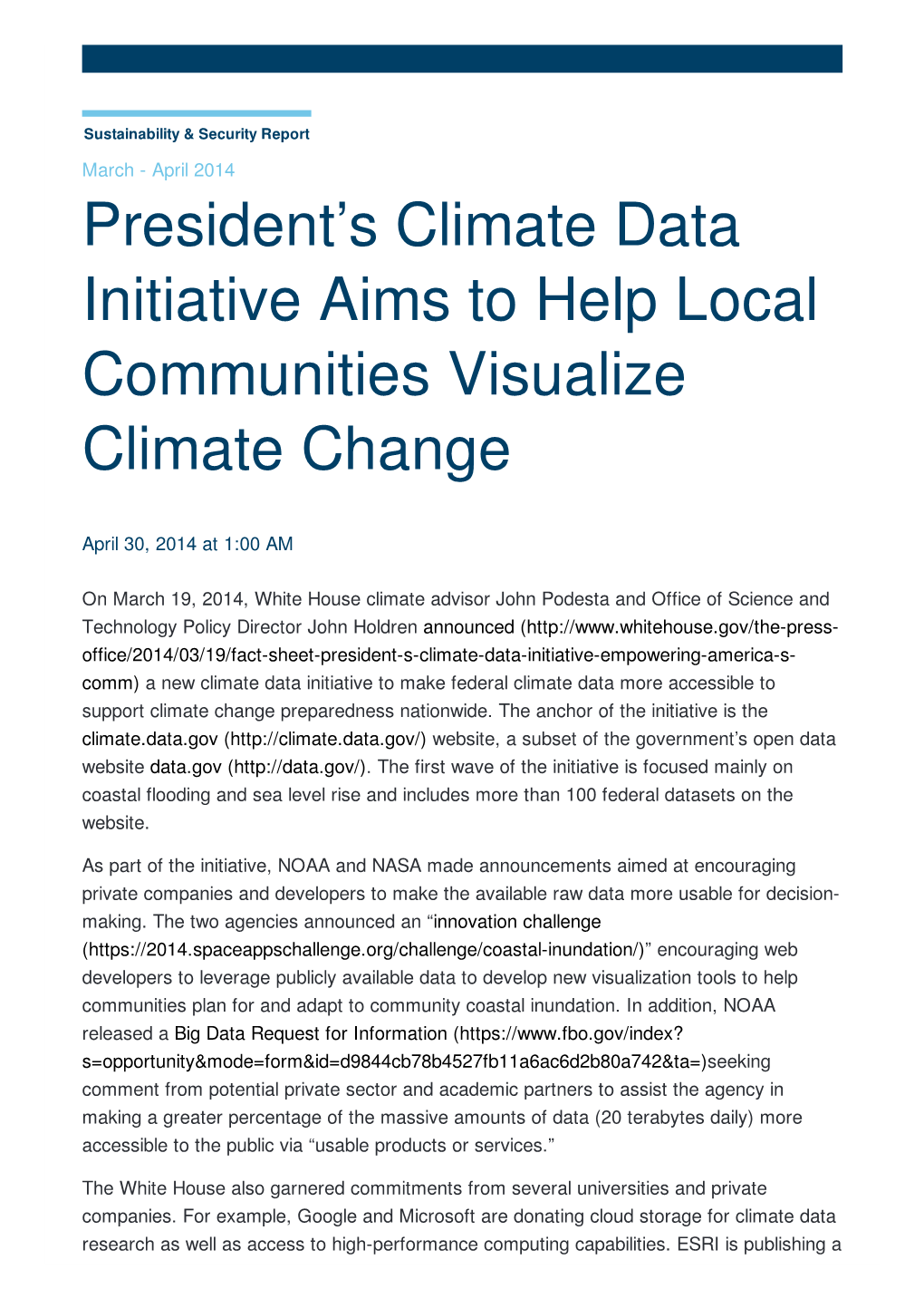 President's Climate Data Initiative Aims to Help Local Communities