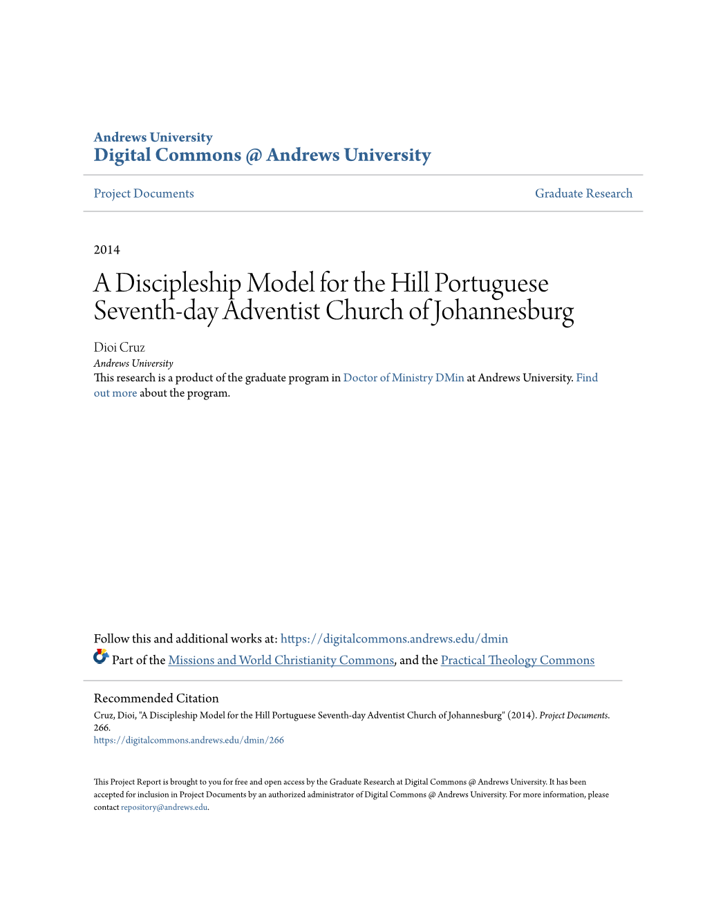 A Discipleship Model for the Hill Portuguese Seventh-Day Adventist Church of Johannesburg