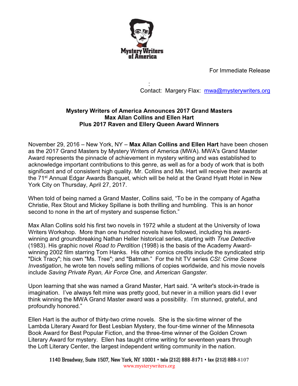 For Immediate Release : Contact: Margery Flax