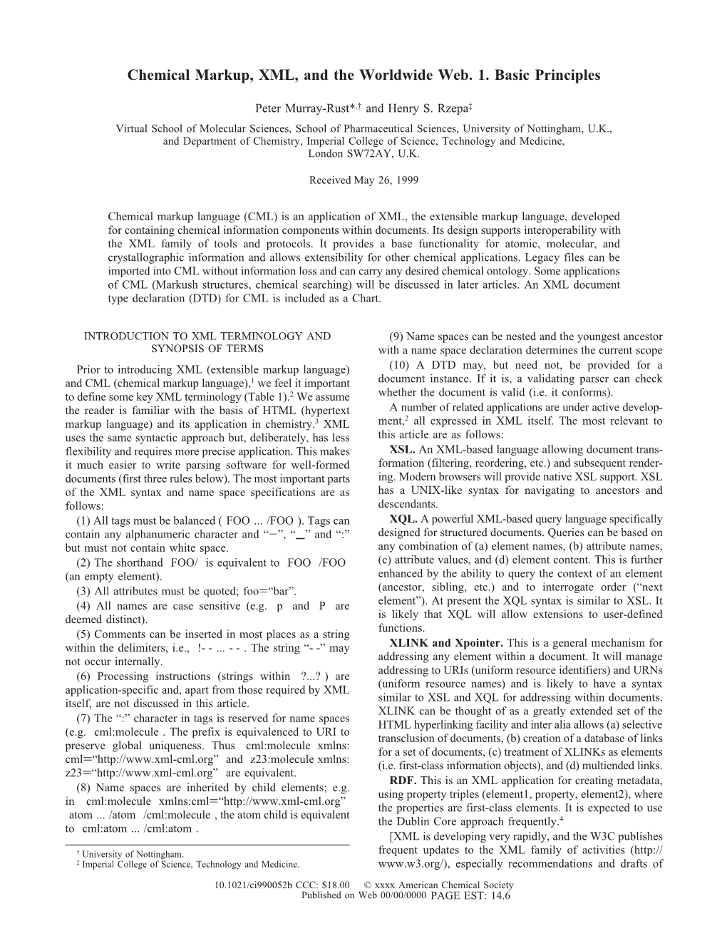 Chemical Markup, XML, and the Worldwide Web. 1. Basic Principles