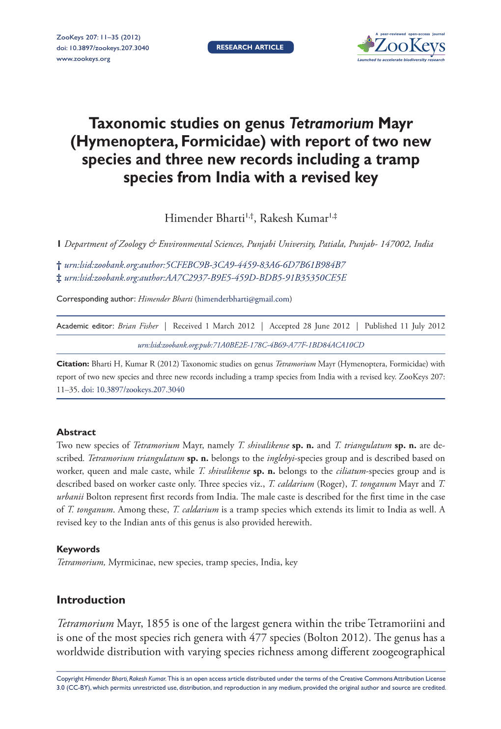 Taxonomic Studies on Genus Tetramorium Mayr (Hymenoptera