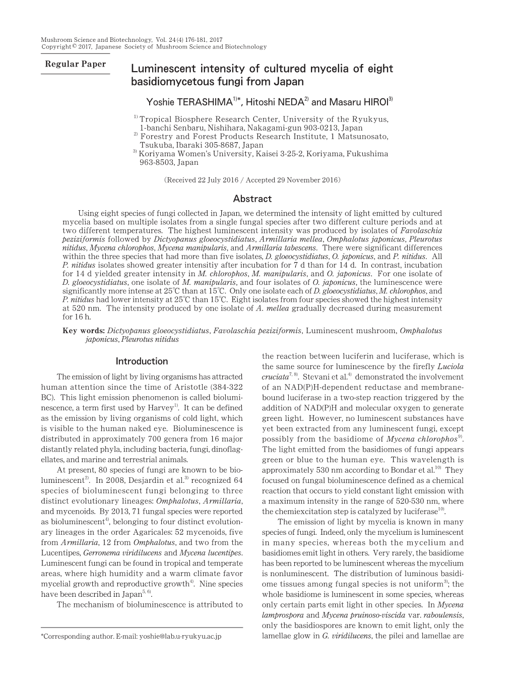 Luminescent Intensity of Cultured Mycelia of Eight Basidiomycetous Fungi from Japan