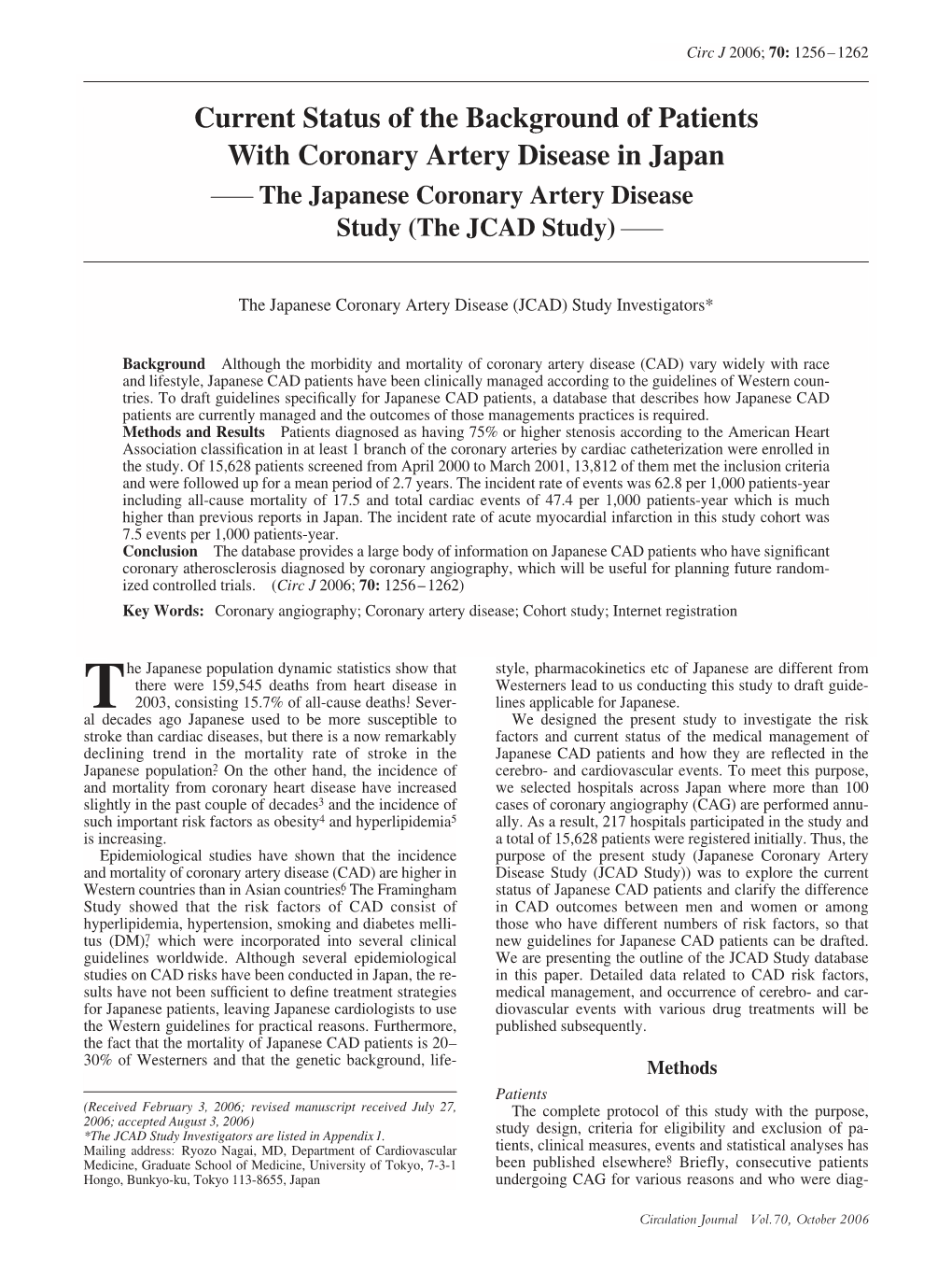 Current Status of the Background of Patients with Coronary Artery Disease in Japan the Japanese Coronary Artery Disease Study (The JCAD Study)