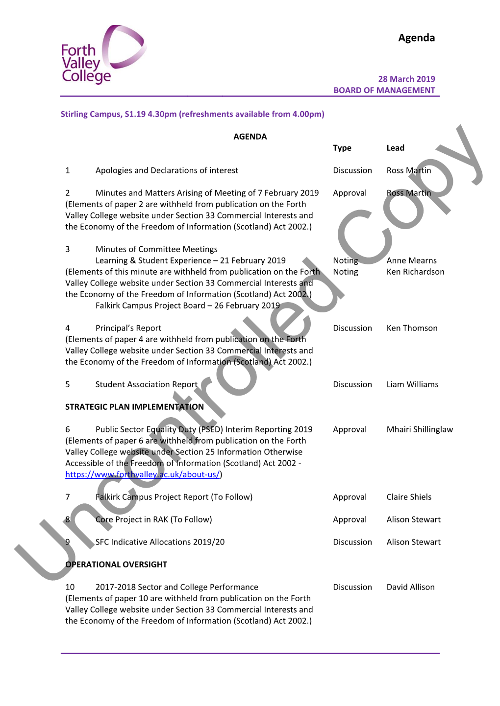 28 March 2019 BOARD of MANAGEMENT