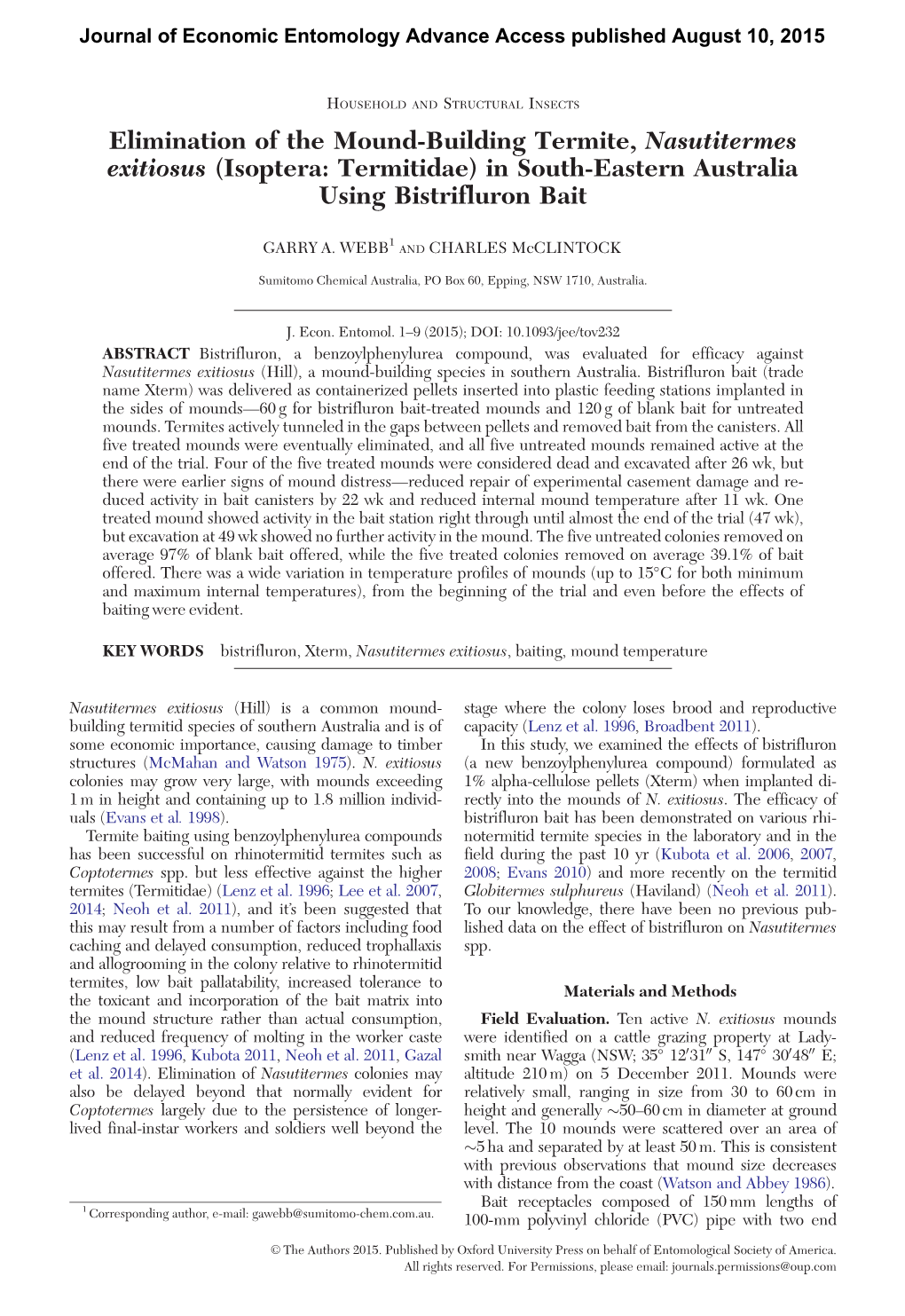 Elimination of the Mound-Building Termite, Nasutitermes Exitiosus (Isoptera: Termitidae) in South-Eastern Australia Using Bistrifluron Bait