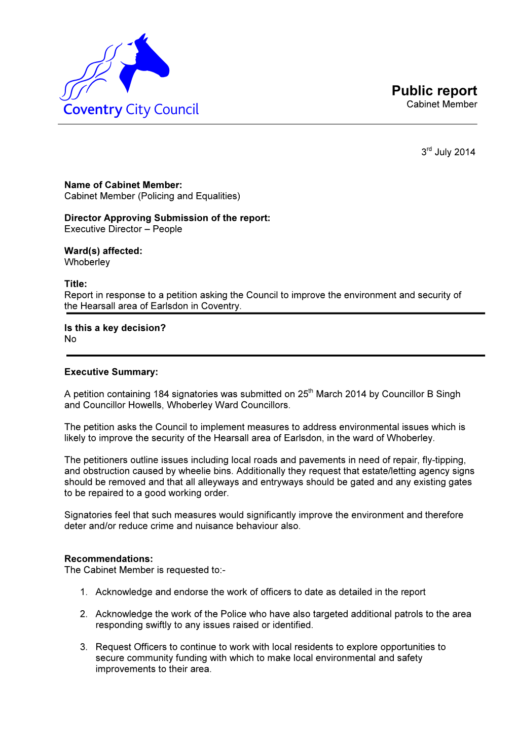 Report in Response to a Petition Asking the Council to Improve the Environment and Security of the Hearsall Area of Earlsdon in Coventry