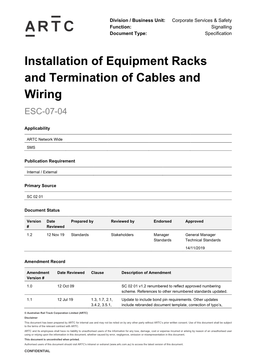 Installation of Equipment Racks and Termination of Cables and Wiring ESC-07-04